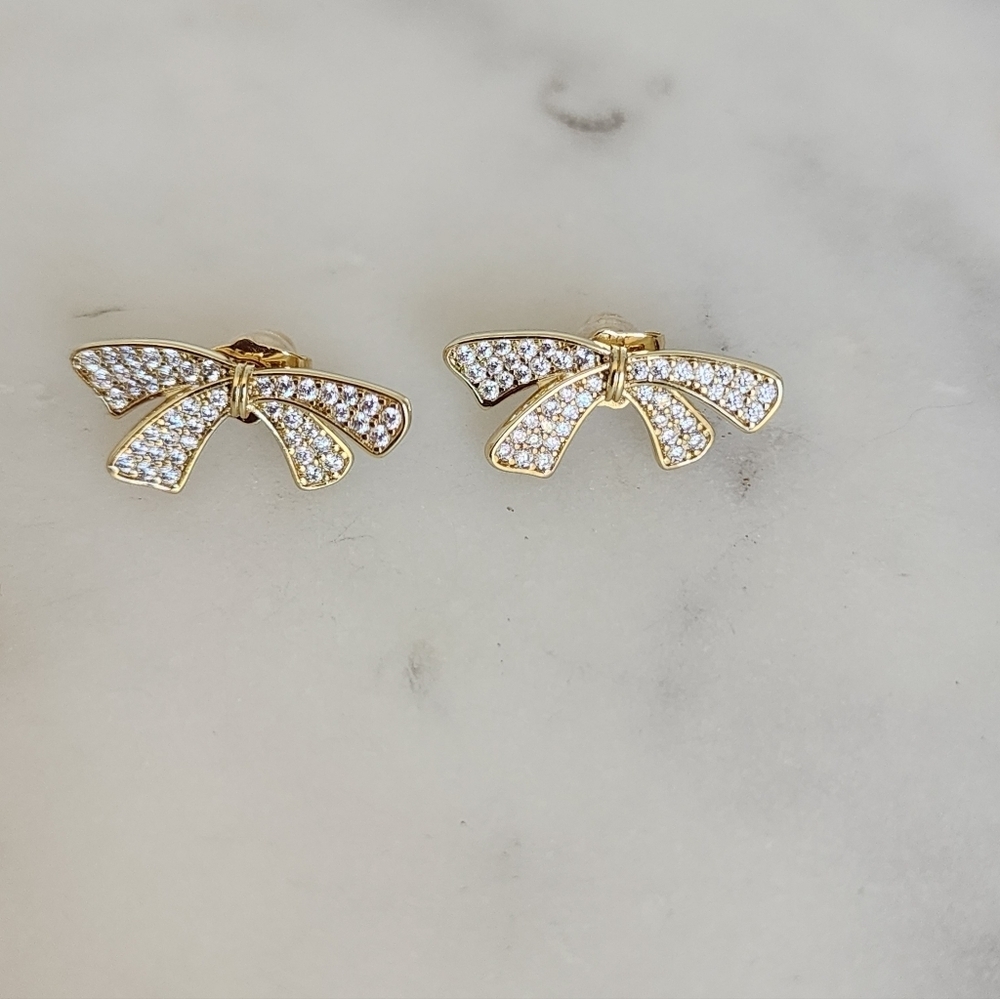 Gold Plated CZ Bow Stud Earrings Dainty Ribbon Coquette Jewelry.